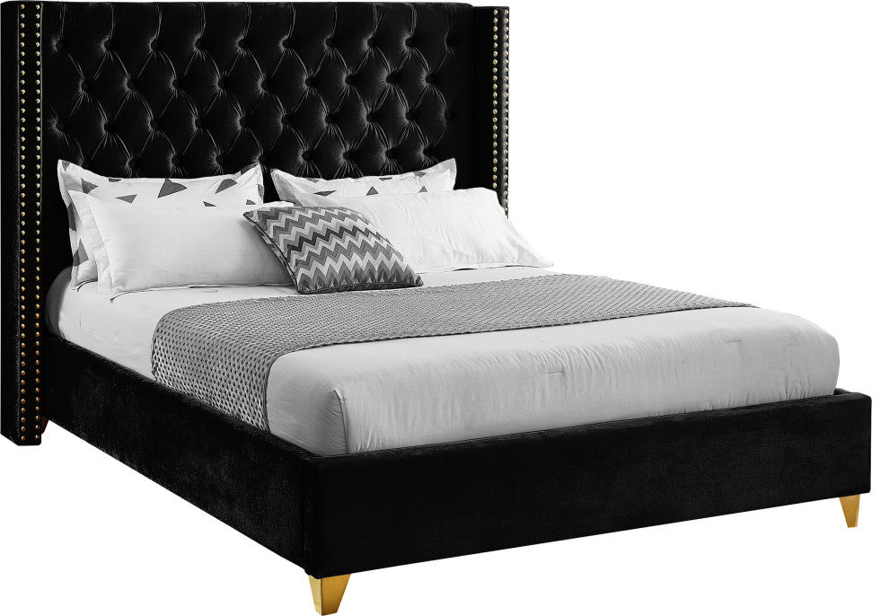 Barolo Velvet Upholstered Bed, Black, Full
