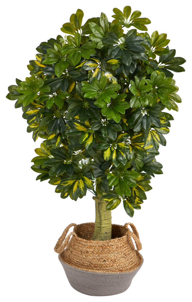4' Schefflera Faux Tree, Boho Chic Handmade Cotton & Jute Gray Woven Planter