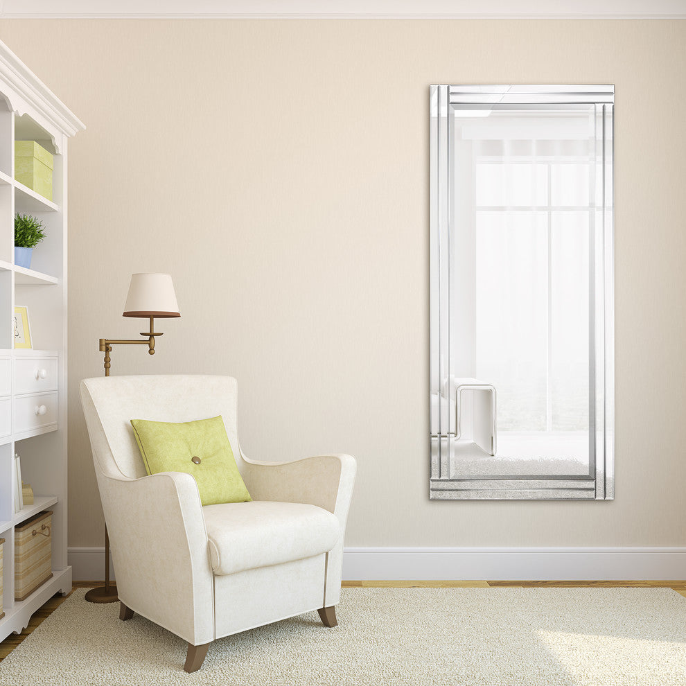 Stepped Beveled Rectangle Wall Mirror, Solid Wood Frame, 1" Center Mirror, 24" X 54"