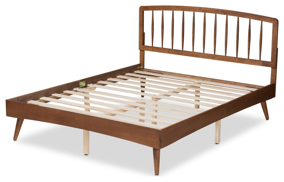 Mid-Century Modern Walnut Brown Wood Queen Size Platform Bed, Slatted Headboard