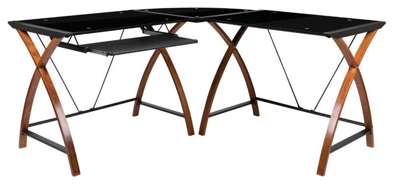 Glass L-Shape Corner Computer Desk With Pull-Out Keyboard Tray, Black