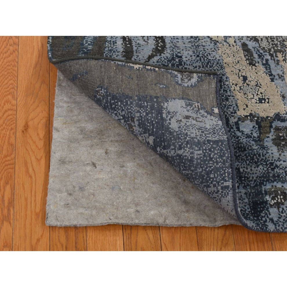 Blue, Geological Design, Wool and Pure Silk, Hand Knotted Rug, 6'x9'2"