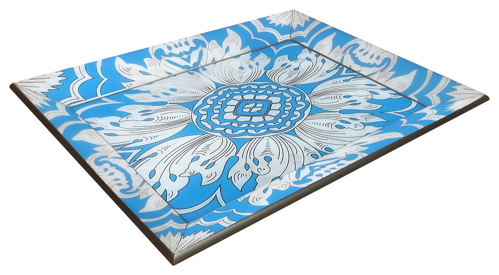 Reverse Painted Mirror Tray with Beveled Edge, Sky Blue, 18"x14"