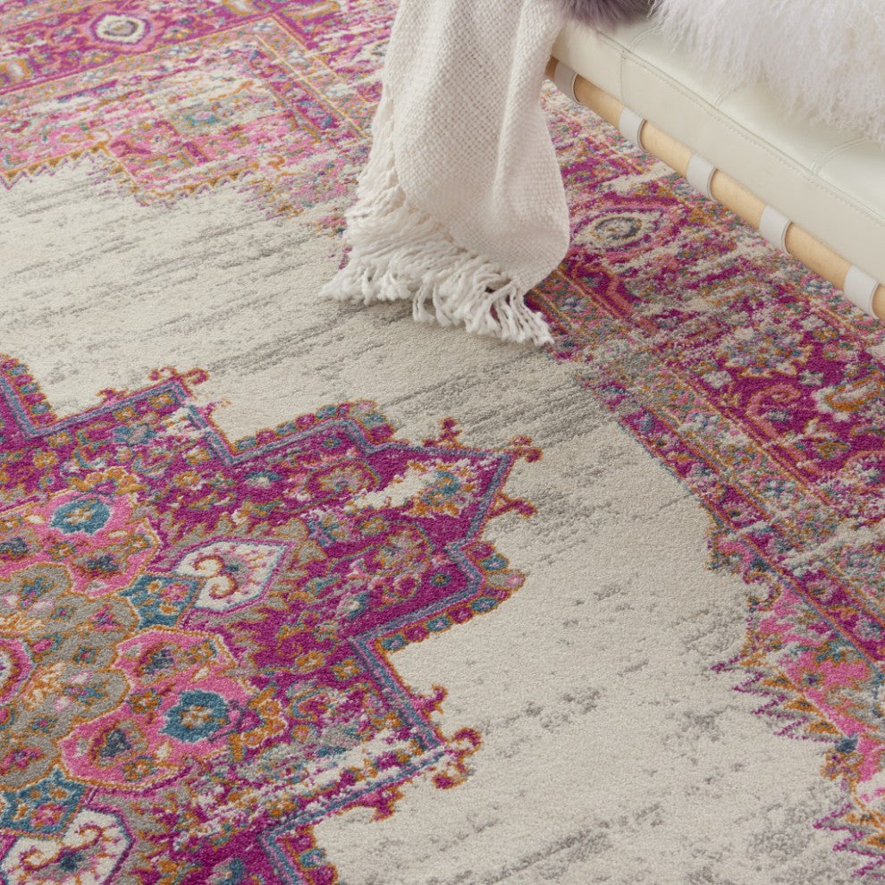 7 x 10' Ivory and Fuchsia Distressed Area Rug