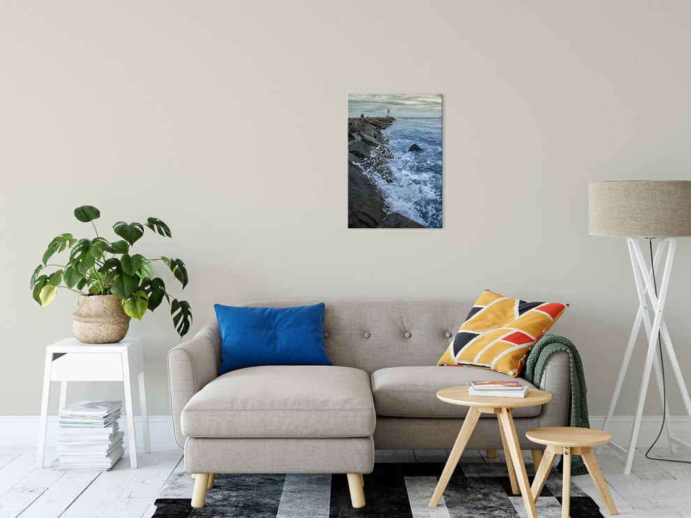 Splashing on the Jetty Coastal Landscape Photo Canvas Wall Art Print, 16" X 20"