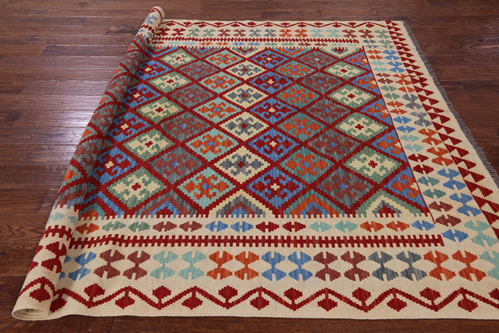 6' 7" X 9' 5" Flat Weave Kilim Wool On Wool Rug - Q12550
