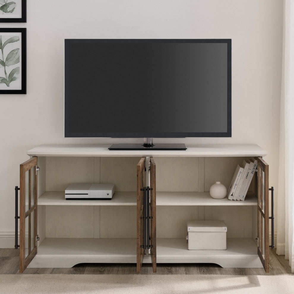 Farmhouse TV Stand, Large Design With Glass Doors & Adjustable Shelves, White