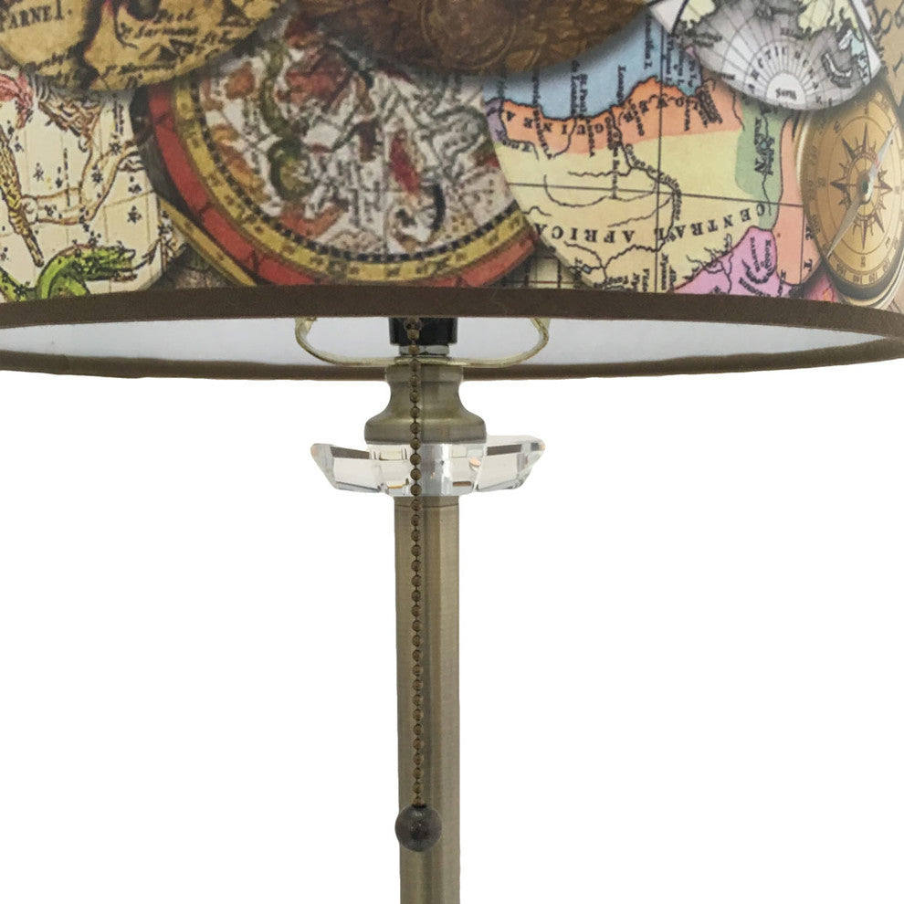28" Crystal Buffet Lamp With Vintage Old World Maps Shade, Antique Brass, Single