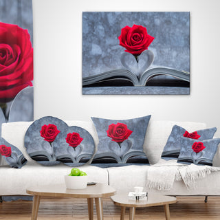 Red Rose Inside the Book Floral Throw Pillow, 16"x16"