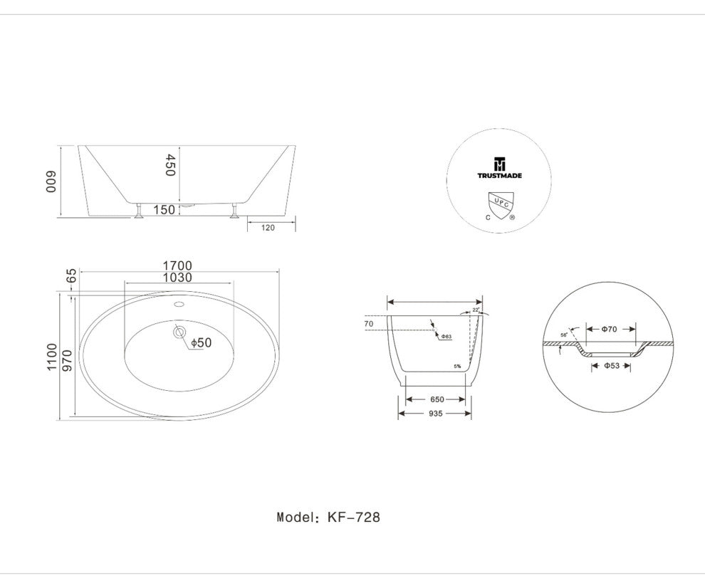 67" Acrylic Roll-Top Flatbottom Non-Whirlpool Bathtub, White