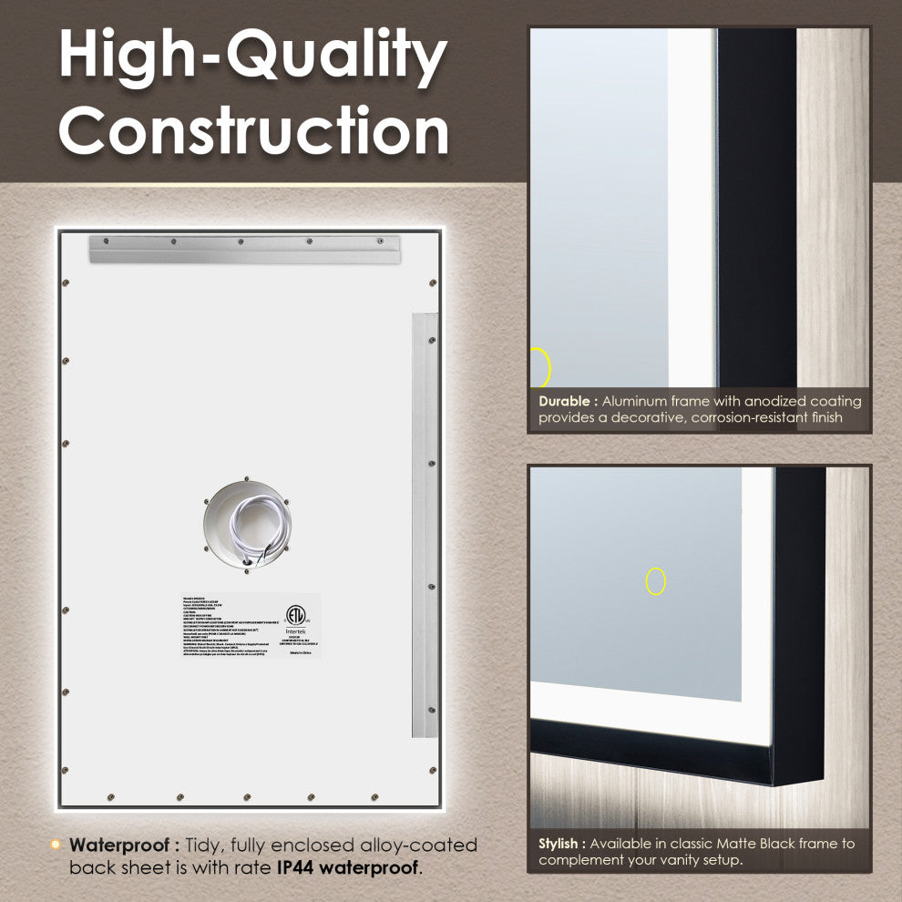 Apollo Anti-Fog Dimmable Vanity, LED Lighted Wall Mirror, Matte Black, 24"