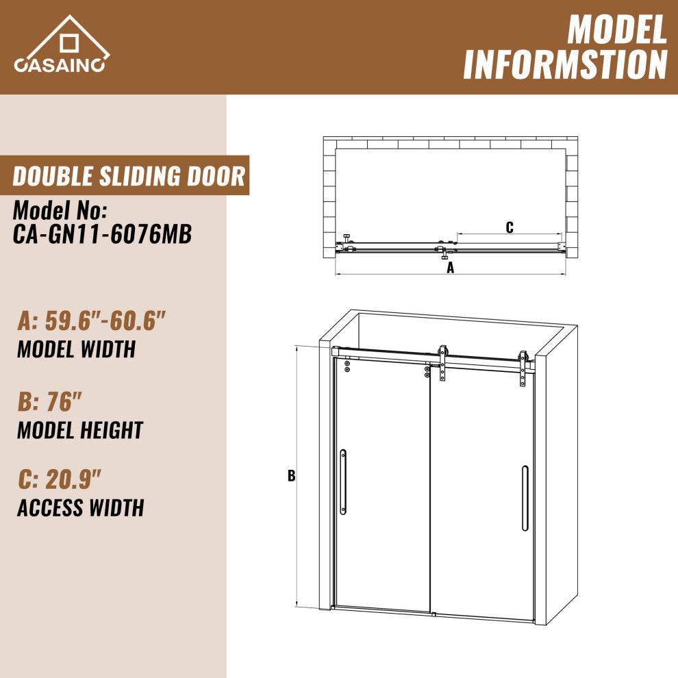 59-in to 60-in x 76-in Frameless Sliding Shower Door, Matte Black
