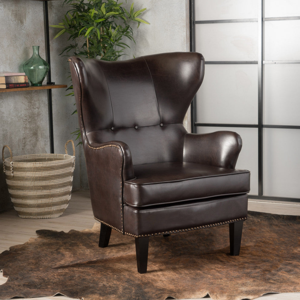 GDF Studio Romford Bonded Leather Wingback Club Chair, Brown