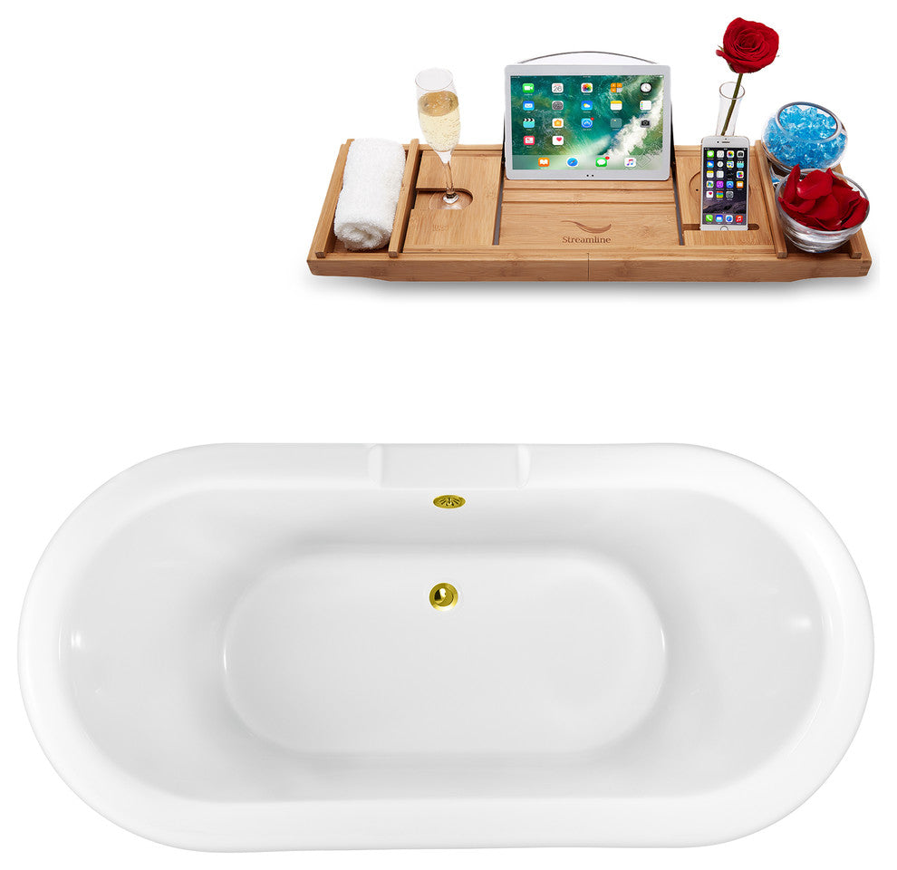 59" Black Clawfoot Tub and Tray, Chrome Feet, Gold External Drain
