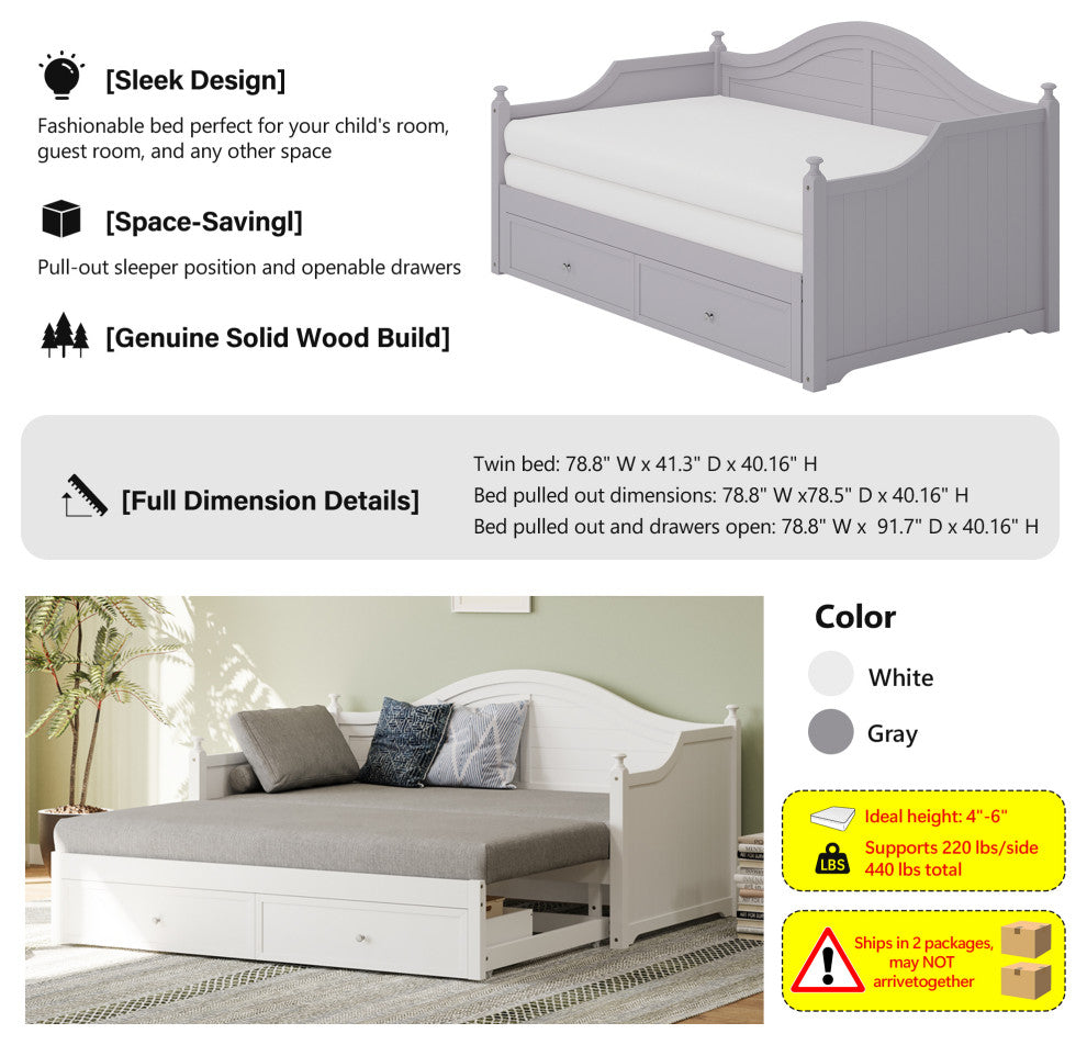 TATEUS Twin Size Wood Daybed with Extended Pop Up Trundle and Storage Drawers