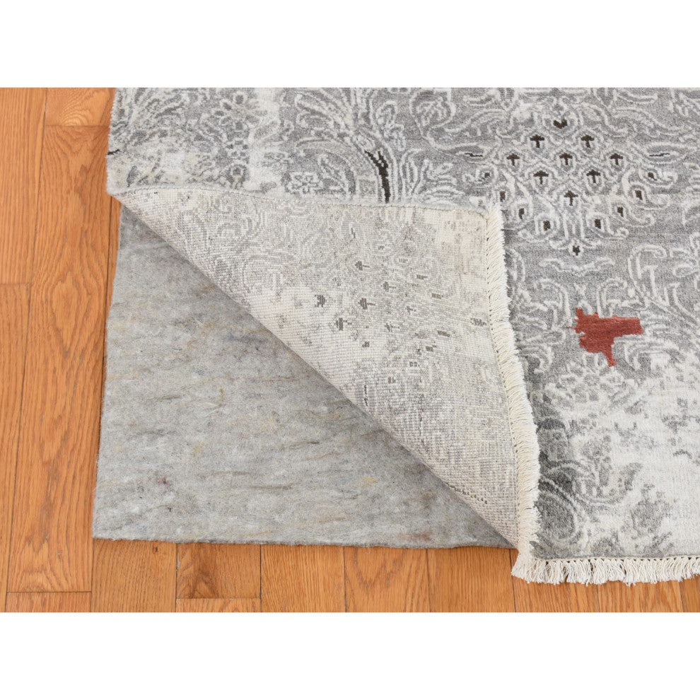 Gray, Hand Knotted, Modern Broken Design Wool and Silk Rug, 8'9"x11'10"
