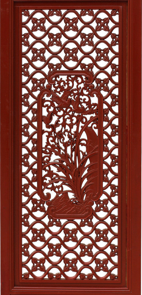 Chinese Red Geometric Flower Bird Accent Narrow Floor Panel Headboard