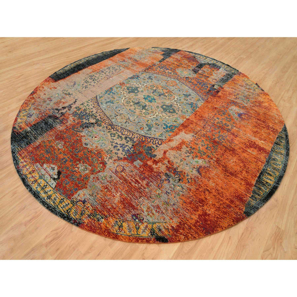 Orange Hand Knotted Ancient Ottoman Erased Design Wool Round Rug 14'x14'