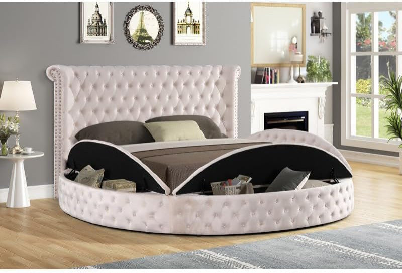 Velvet Tufted upholstered Platform Storage Bed, Circle Bed Frame Eastern King