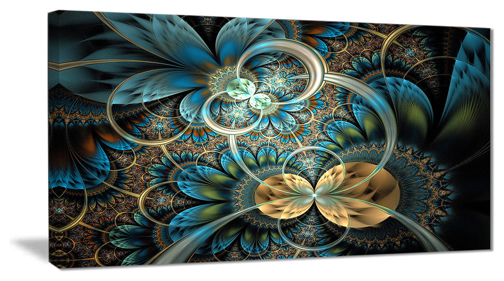 "Symmetrical Blue Gold Fractal Flower" Digital Wall Art, 40"x20"