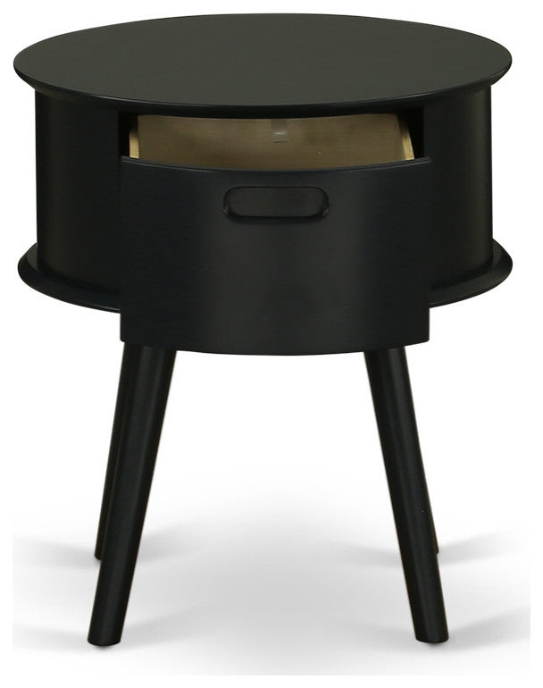 Gordon Round Night Stand End Table With Drawer, Black Finish