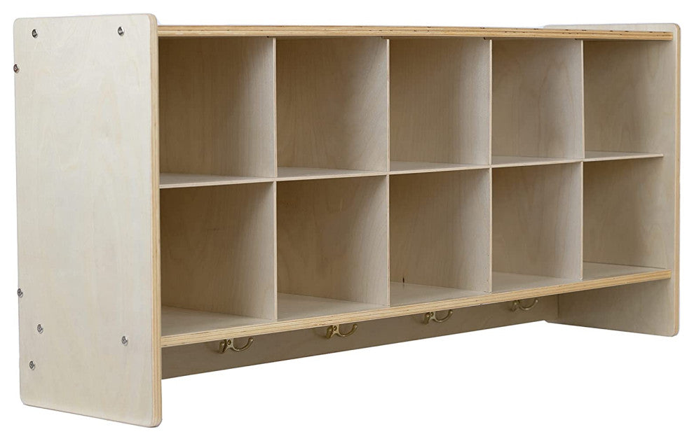 10 Section Wood Cubbies Storage, Brown Bins, Wall Hanging Organizers
