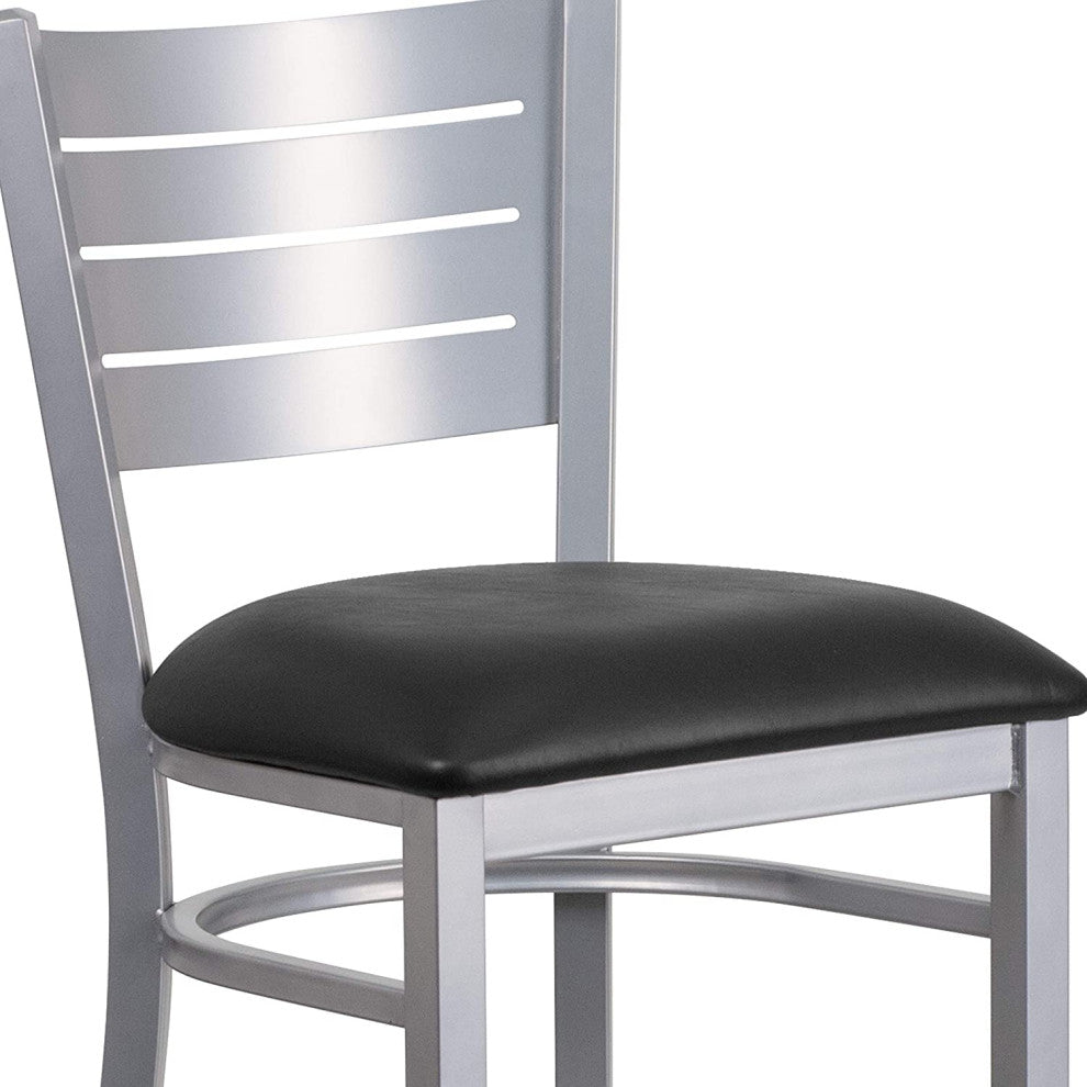 Set of 2 Bar Stool, Silver Metal Frame With Ladder Backrest, Black Vinyl Seat