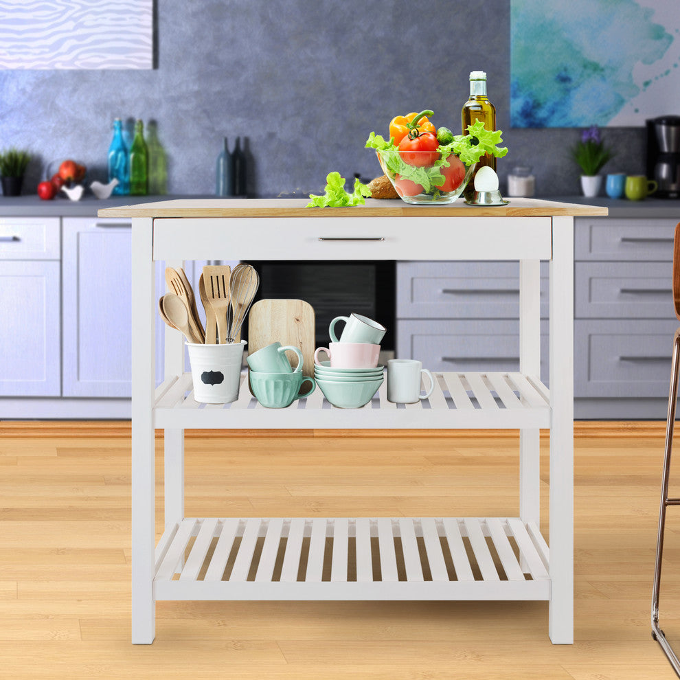 Kitchen Island With Solid Wood Top, White