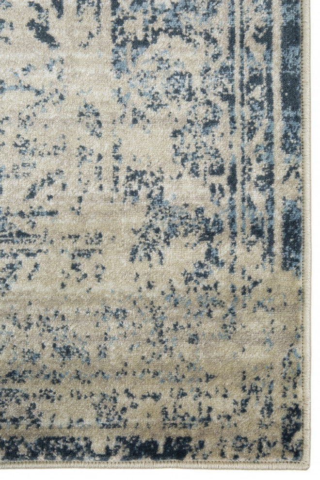 8" Round Beige Blue Distressed Medallion Area Rug