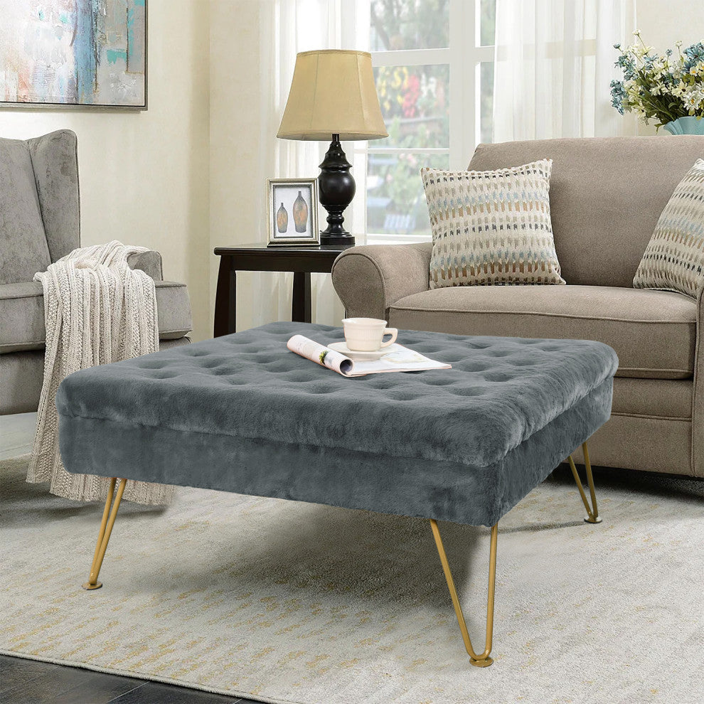Rabbit Faux Fur Tufted Coffee Table, Gray Flannel, 33"x33"x18"