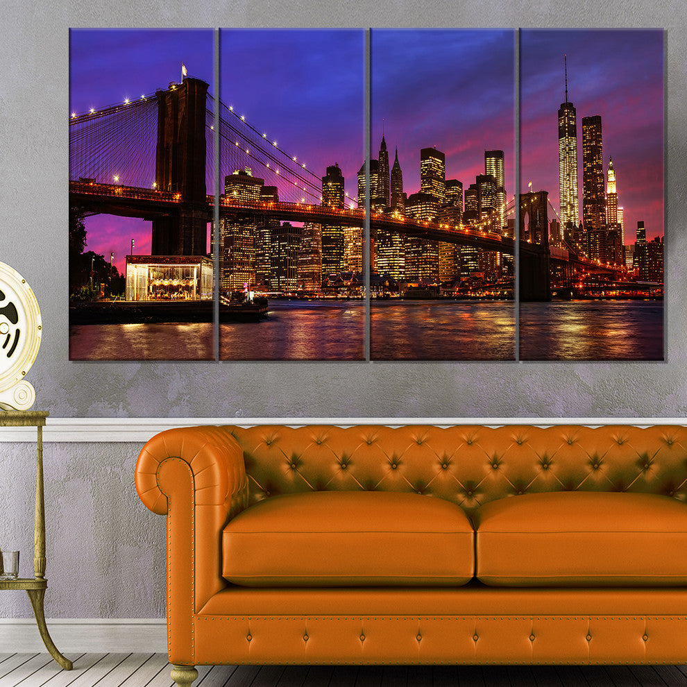 Brooklyn Bridge and Manhattan at Sunset, Pink, Canvas Print, 48"x28", 4 Panels