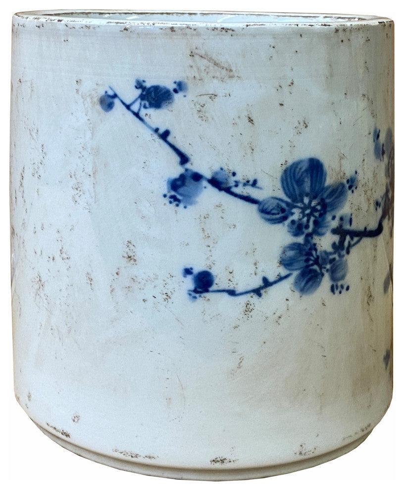 Chinese Distressed White Porcelain Blue Blossom Graphic Holder Vase Hws2361