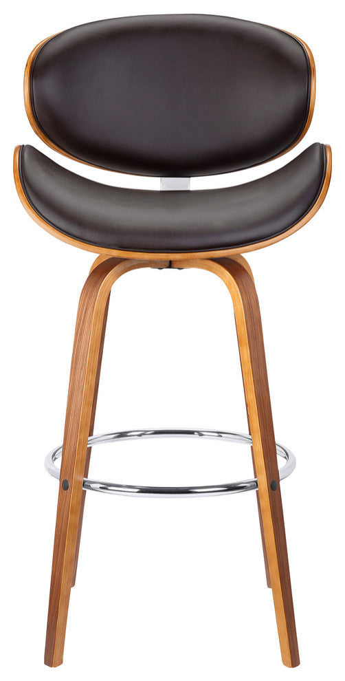 Solvang 26" Mid-Century Swivel Stool, Brown Faux Leather, Walnut Wood, Counter