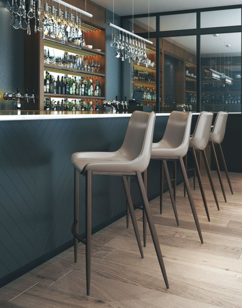 Bar Stool Chair, Set of 2, Faux Vinyl Leather, Steel, Gray, Walnut