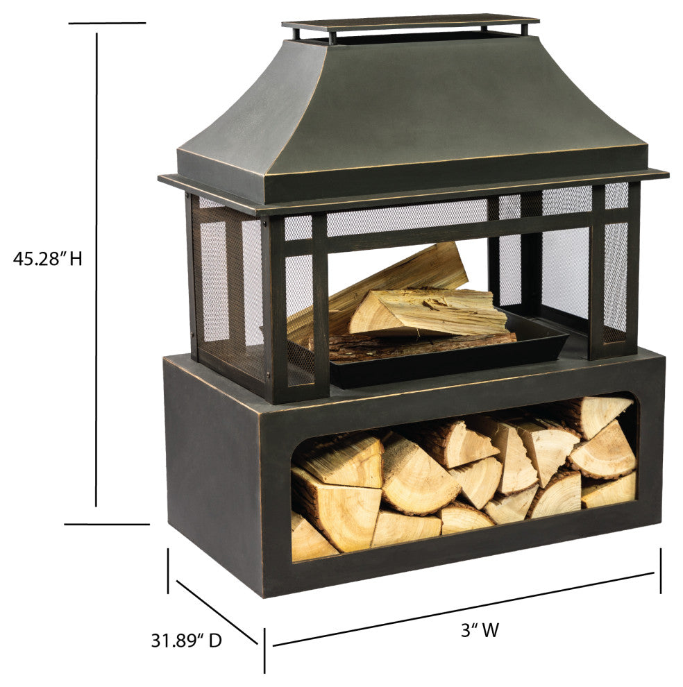 40" Rectangular Outdoor Metal Woodburning Fireplace, Log Storage