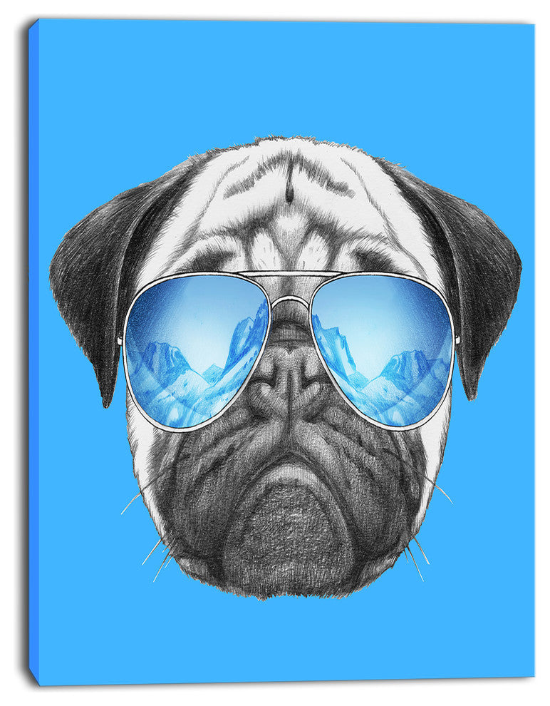 Pug Dog with Mirror Sunglasses, Animal Canvas Art Print, 28"x60"