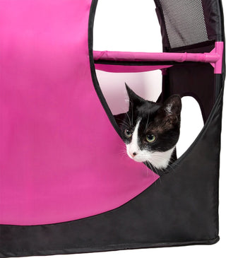 Kitty-Play Obstacle Collapsible Soft Folding Pet Cat House, Pink/Black