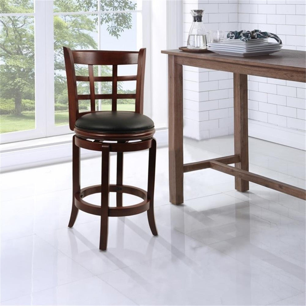 Bowery Hill 26.25" Wood & Faux Leather Swivel Counter Stool in Cherry/Black