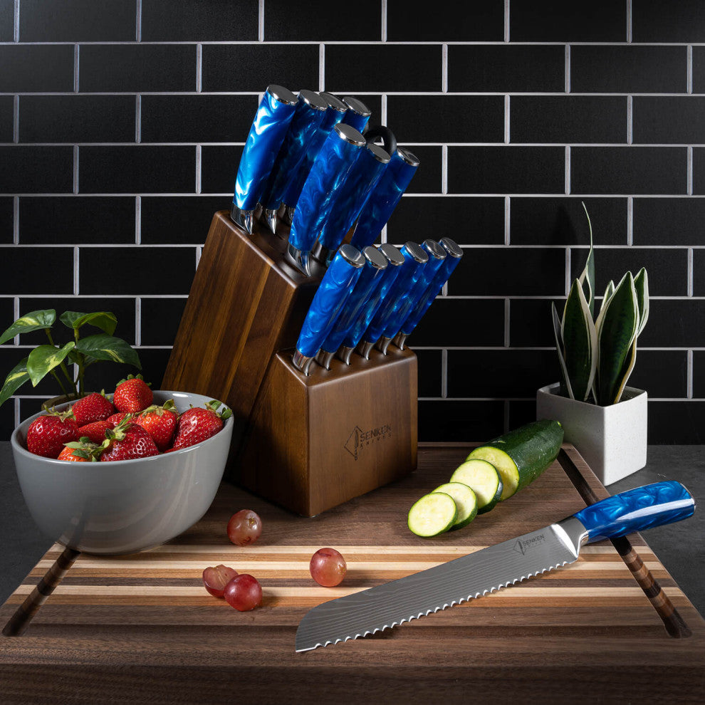 16-Piece Acacia Wood Kitchen Knife Block Set - Blue Resin Handles