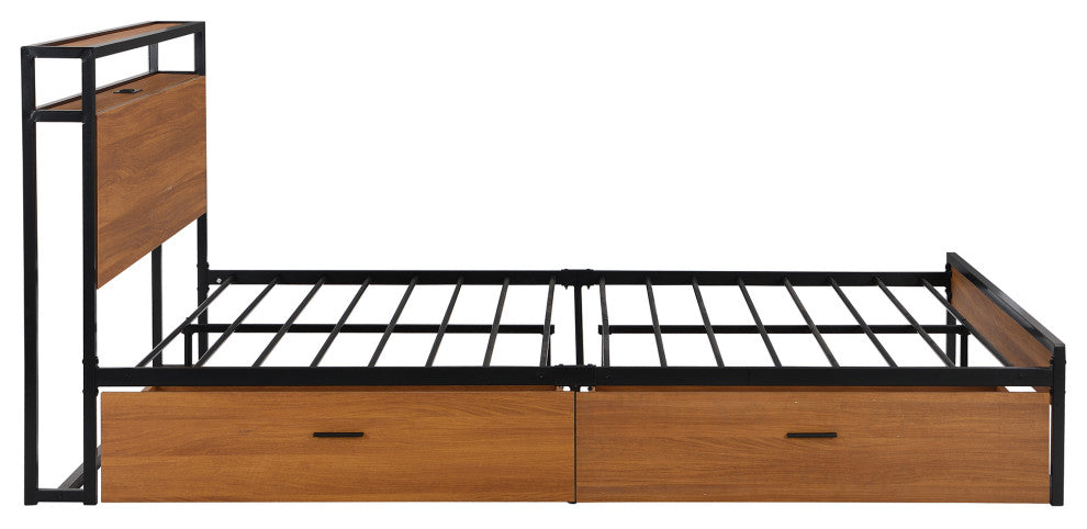 Full/Queen Metal Frame Wood Platform Bed with Two Drawers,Sockets and USB Ports,