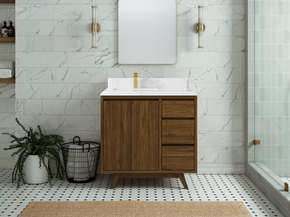 Madison Teak 36 Left Offset Bath Vanity in Dark Natural 1.5" Empira Quartz