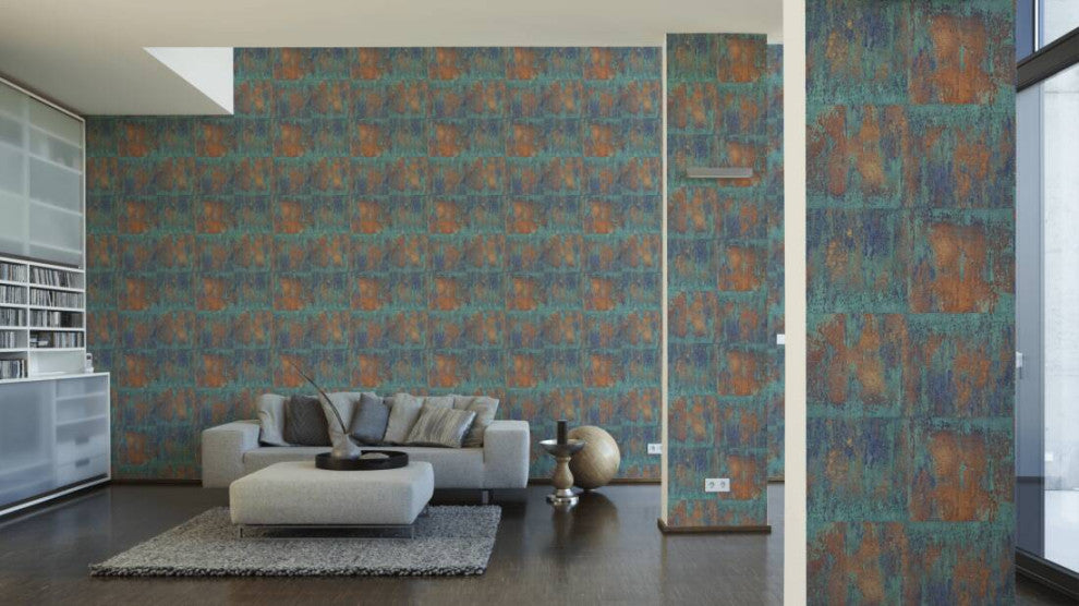 Textured Wallpaper Stone, Blue Bronze Brown Copper Metallic Turquoise, Sample