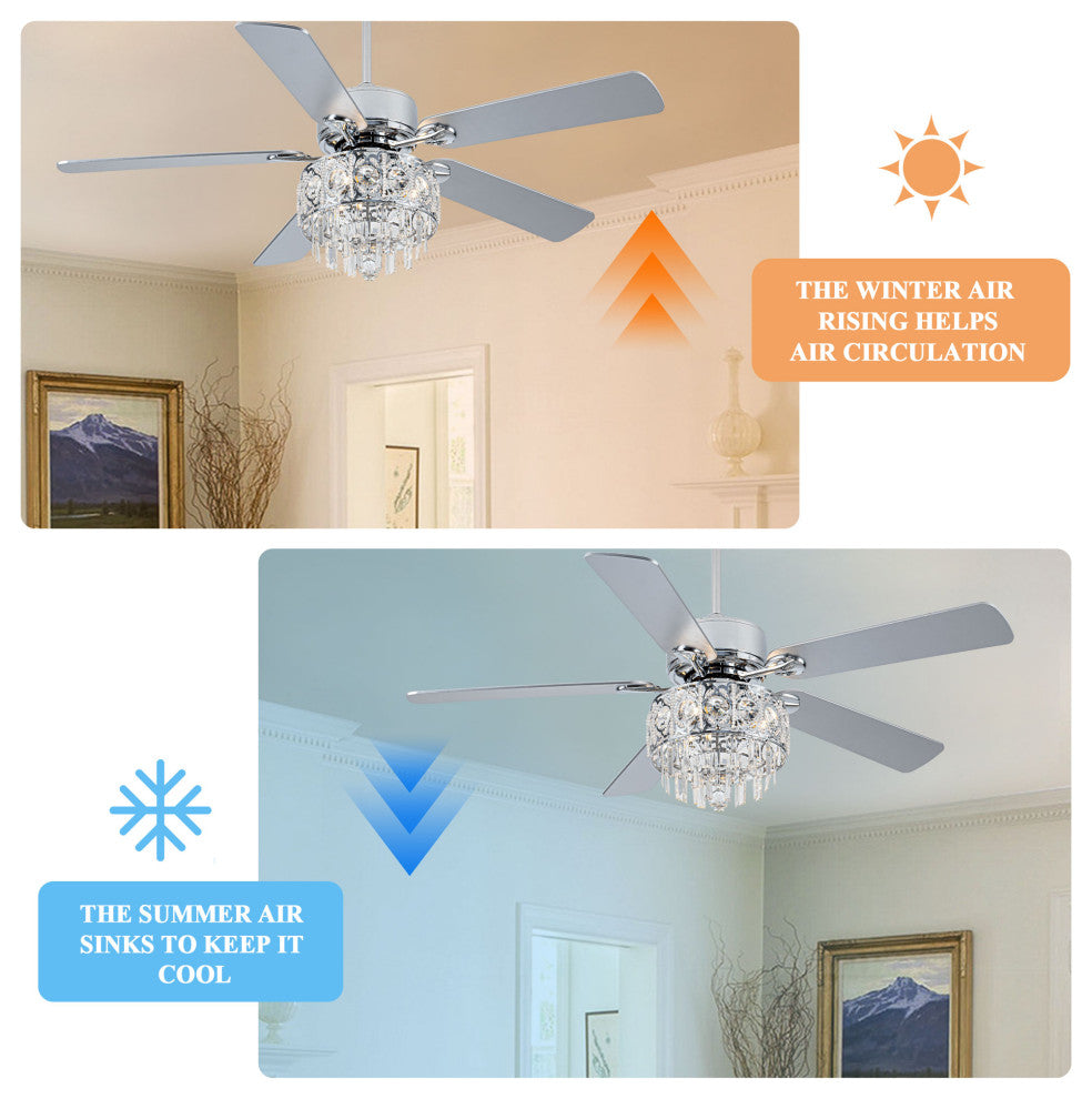 52" Modern Silver Crystal Ceiling Fan 6-speed with Dimmable Light and Remote, Chrome, 52"