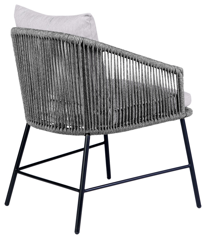 Calica Outdoor Patio Dining Chair, Black Metal And Gray Rope