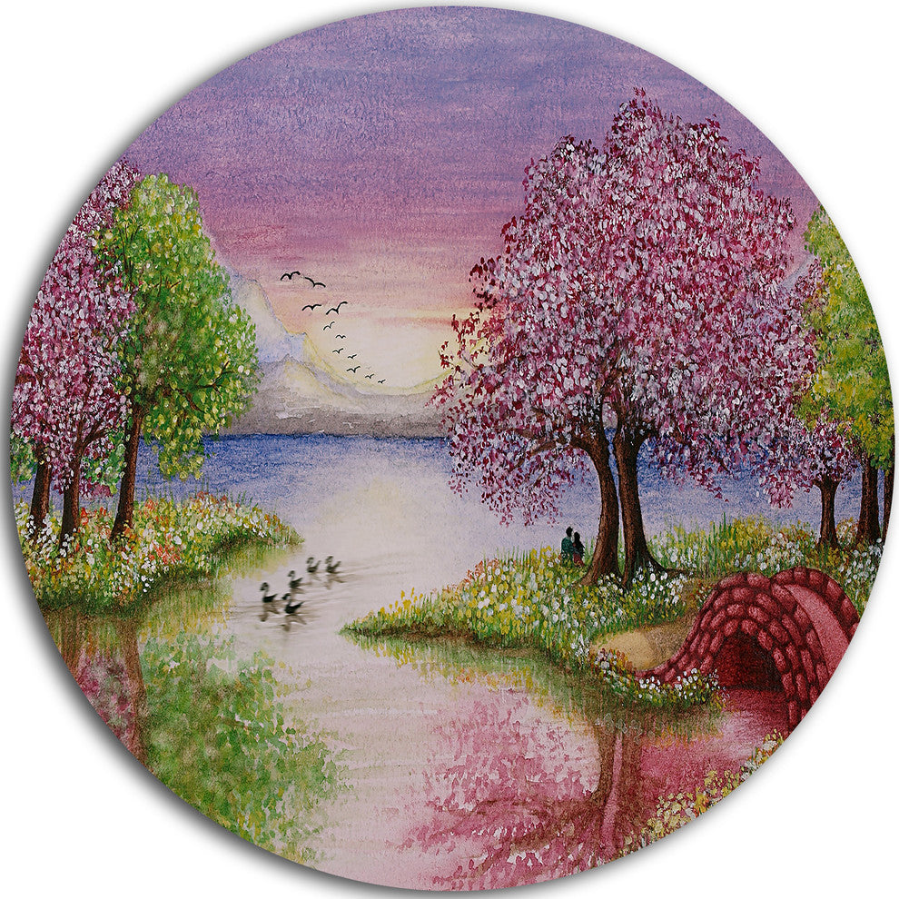 Romantic Lake In Pink And Green, Round Metal Wall Art Landscape, 36"
