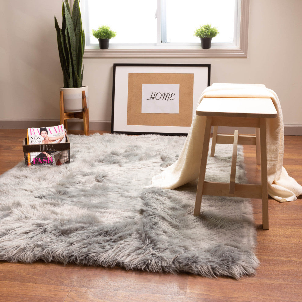 Plush and Soft Faux Sheepskin Fur Shag Area Rug, Gray, 3' X 5'