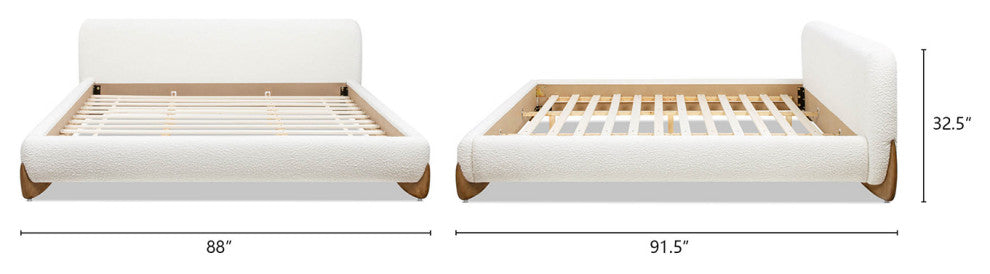 Alpine Sherpa Modern Platform Bed, Ivory White Boucle, King
