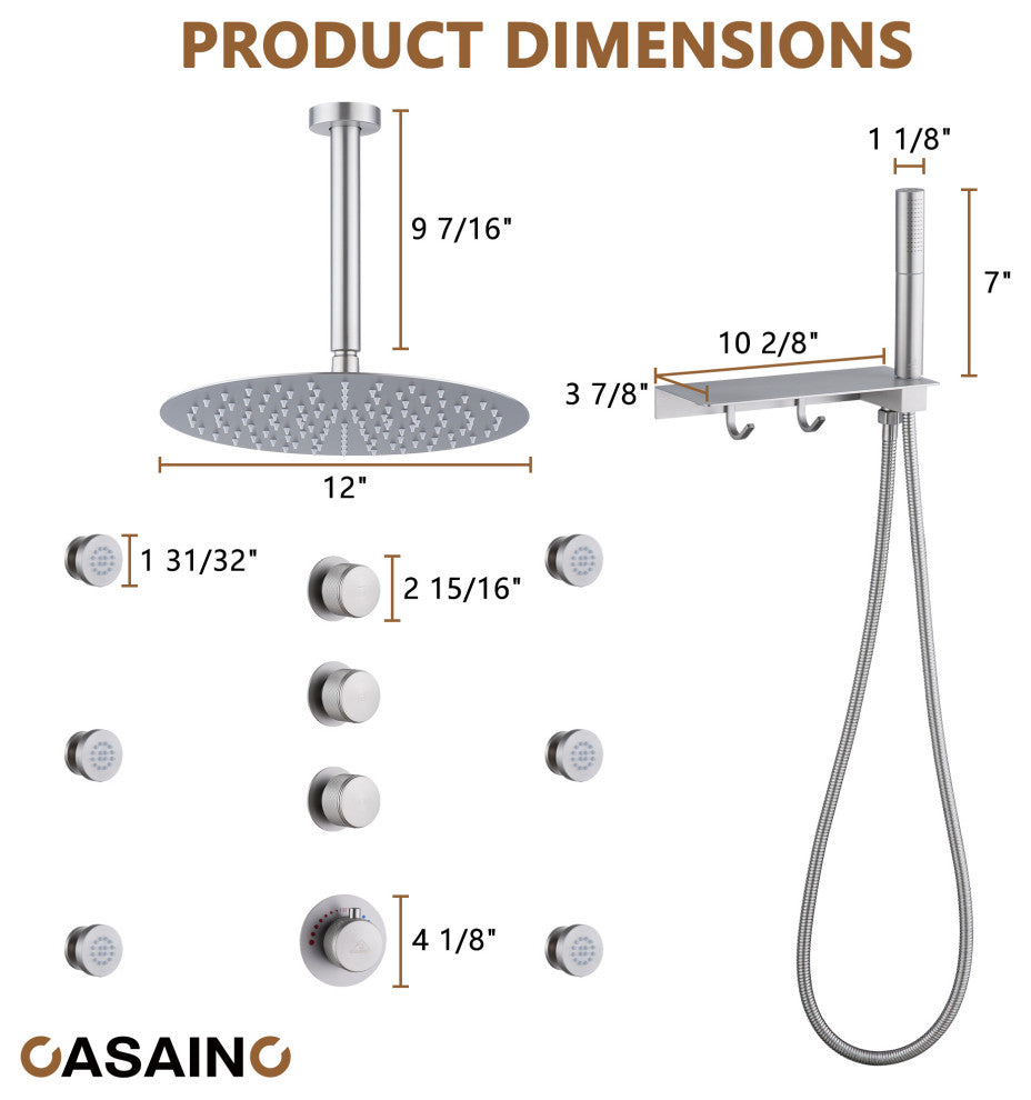 12inch Shower System With Shelf, Handheld Shower With Spray Gun Feature, Brushed Nickel