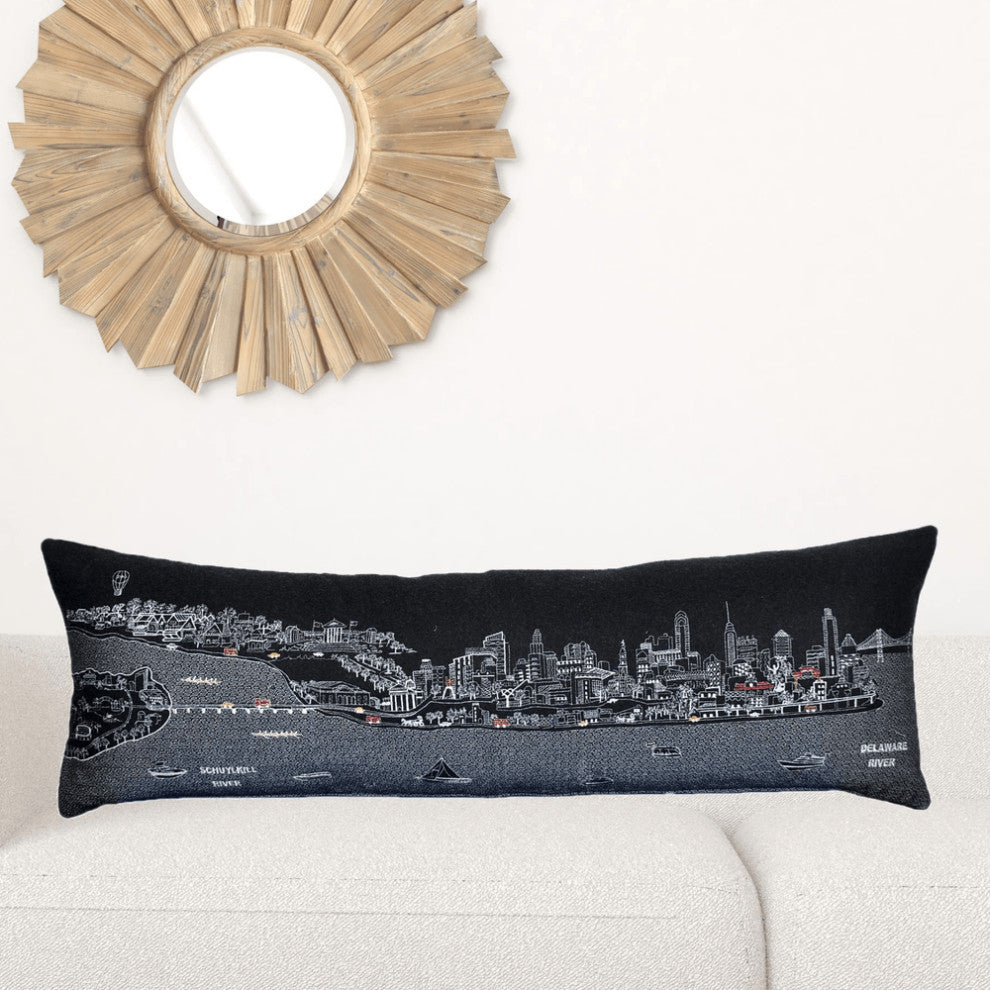 46" Black Philadelphia Nighttime Skyline Lumbar Decorative Pillow