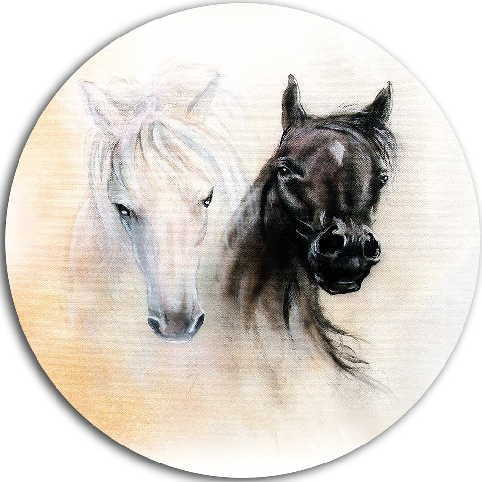 Black And White Horse Heads, Animal Round Wall Art, 23"